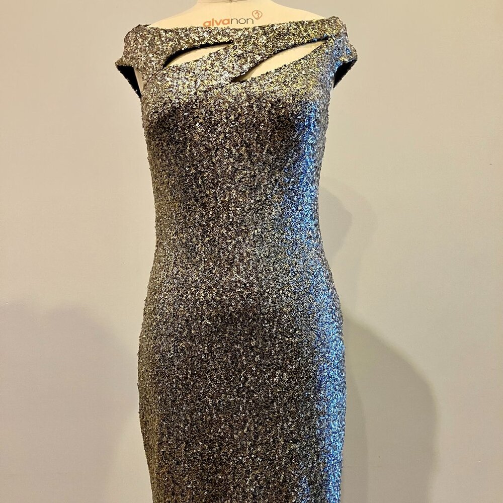 Kevan Hall Studio Silver Confetti Stretch Sequin Dress, sizes 4 - 12. NWT